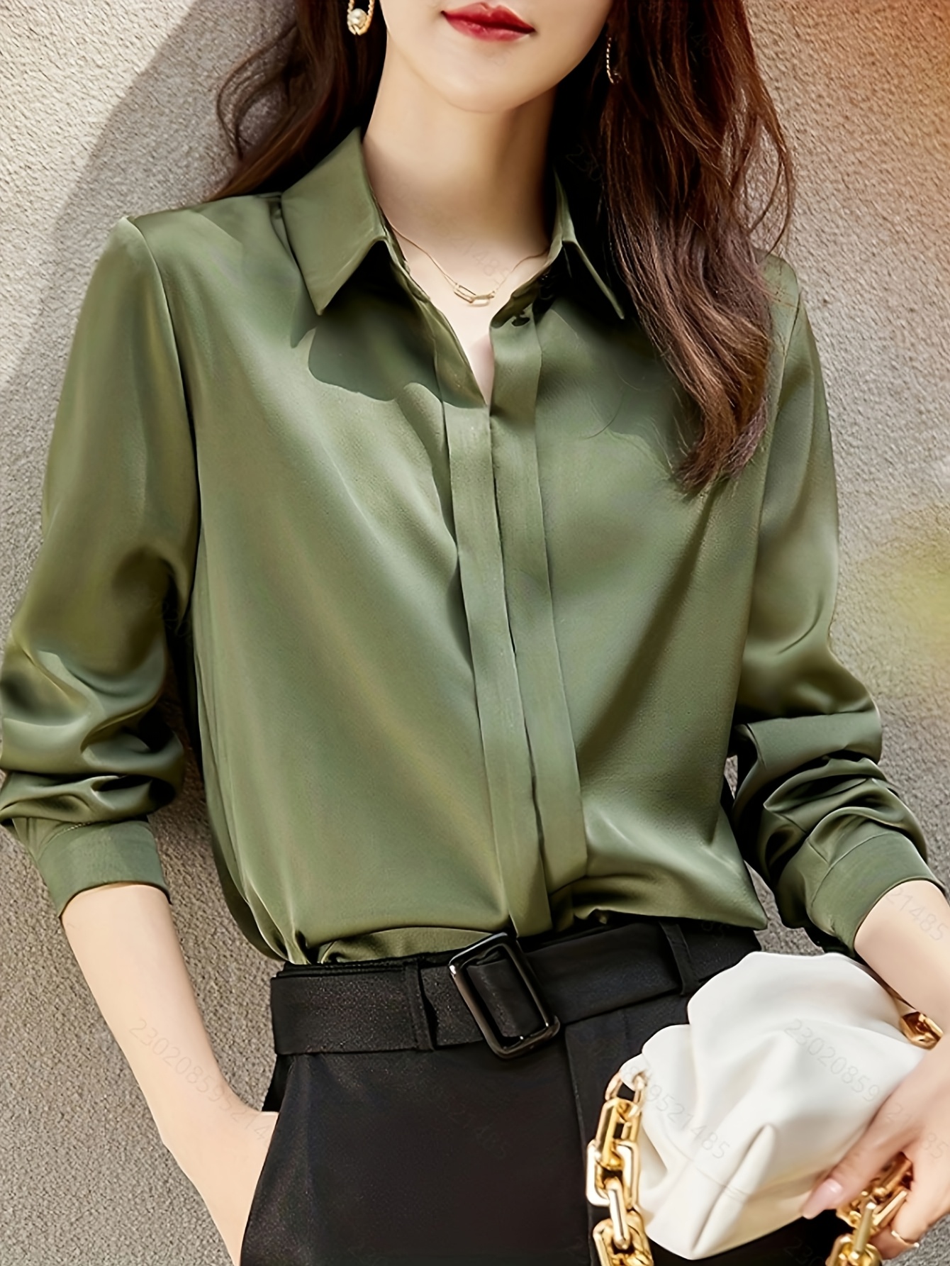 green emerald velvet dress Women's Solid Dark Green Long Sleeve Shirt