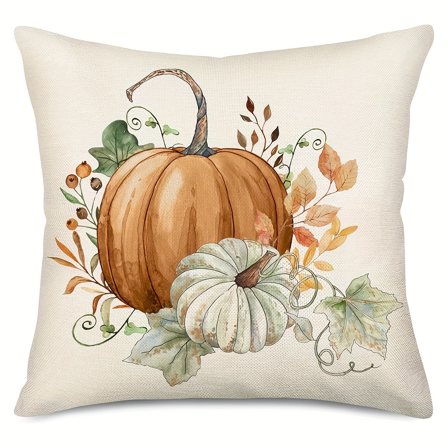 

Rustic Farmhouse Orange Pumpkin Linen Throw Pillow Cover - Watercolor Maple Leaf Design For Autumn & Fall Decor, Zip Closure, Machine Washable - 16x16, 18x18, 20x20 Inches (pillow Not Included)