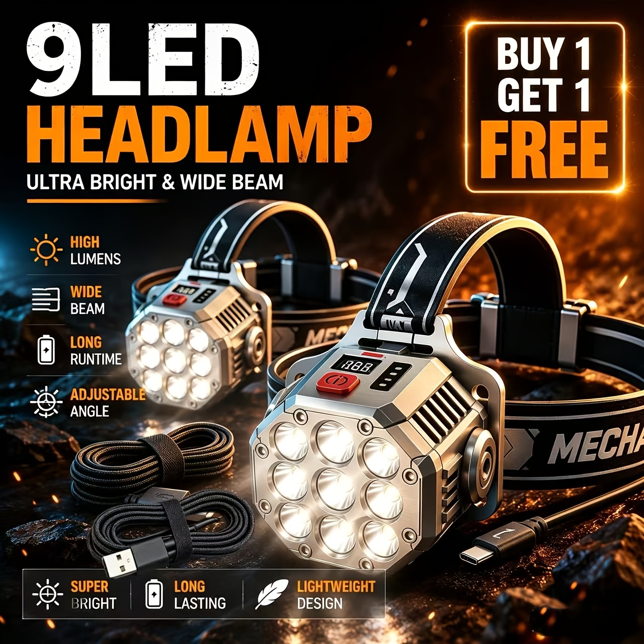 TEMU Buy 1 Get 1 Free 9- Led Outdoor Headlight With Brightness, High-lumen Flashlight, 6-hour Ultra Long , Suitable For Outdoor
