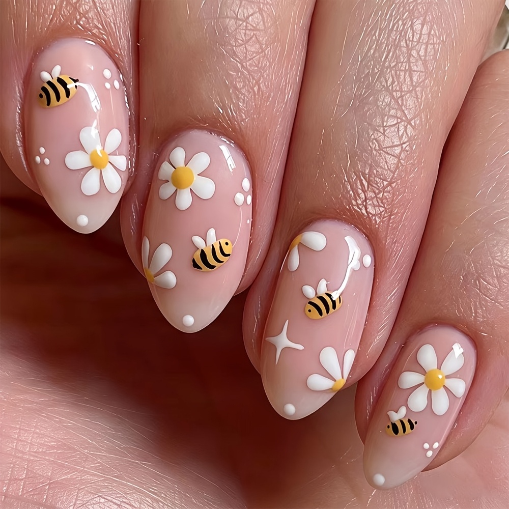 TEMU New Almond-shaped Summer Nails In Gentle Pure Nude Pink With Small Daisy And Floral Designs, Wearable Nails, Gentle And Easy For Everyday Use,