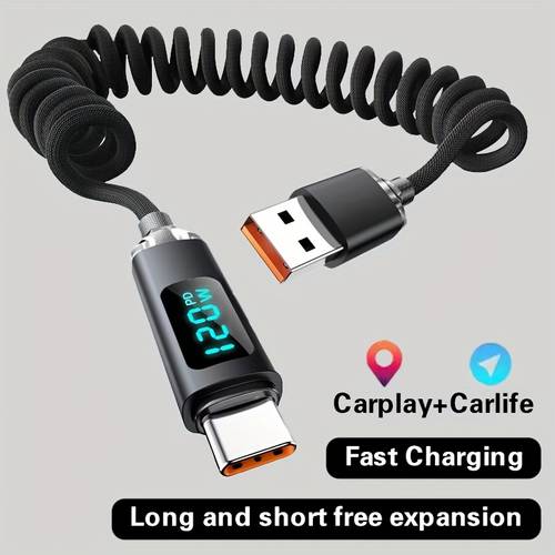 120w usb type c high speed charging fast charging data cable retractable car charger cord for samsung xiaomi oneplus huawei oppo for iphone 15 16 17 type c cables