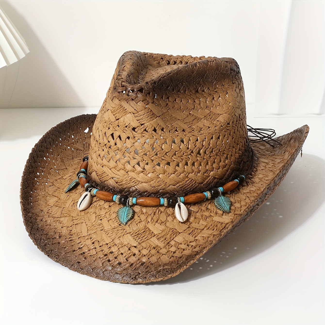 E-shop Ein Türkis Muschel Vintage Hochwertiger Dekorativer Cowboy-Stil Strohhut, für Sommerliche Outdoor-Ausflüge, Vielseitiges Accessoire für