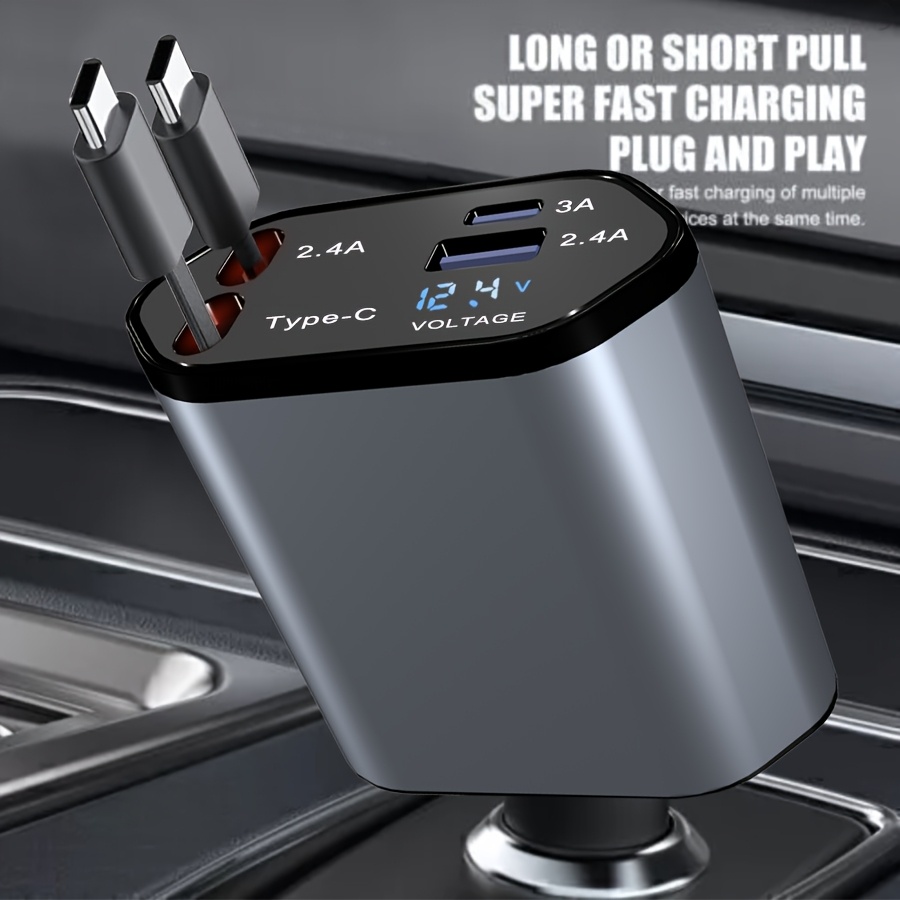 TEMU Chargeur de voiture rétractable Double Type C, Chargeur de voiture 4 en 100W, Câble rétractable et Adaptateur de chargeur de voiture à 2 ports
