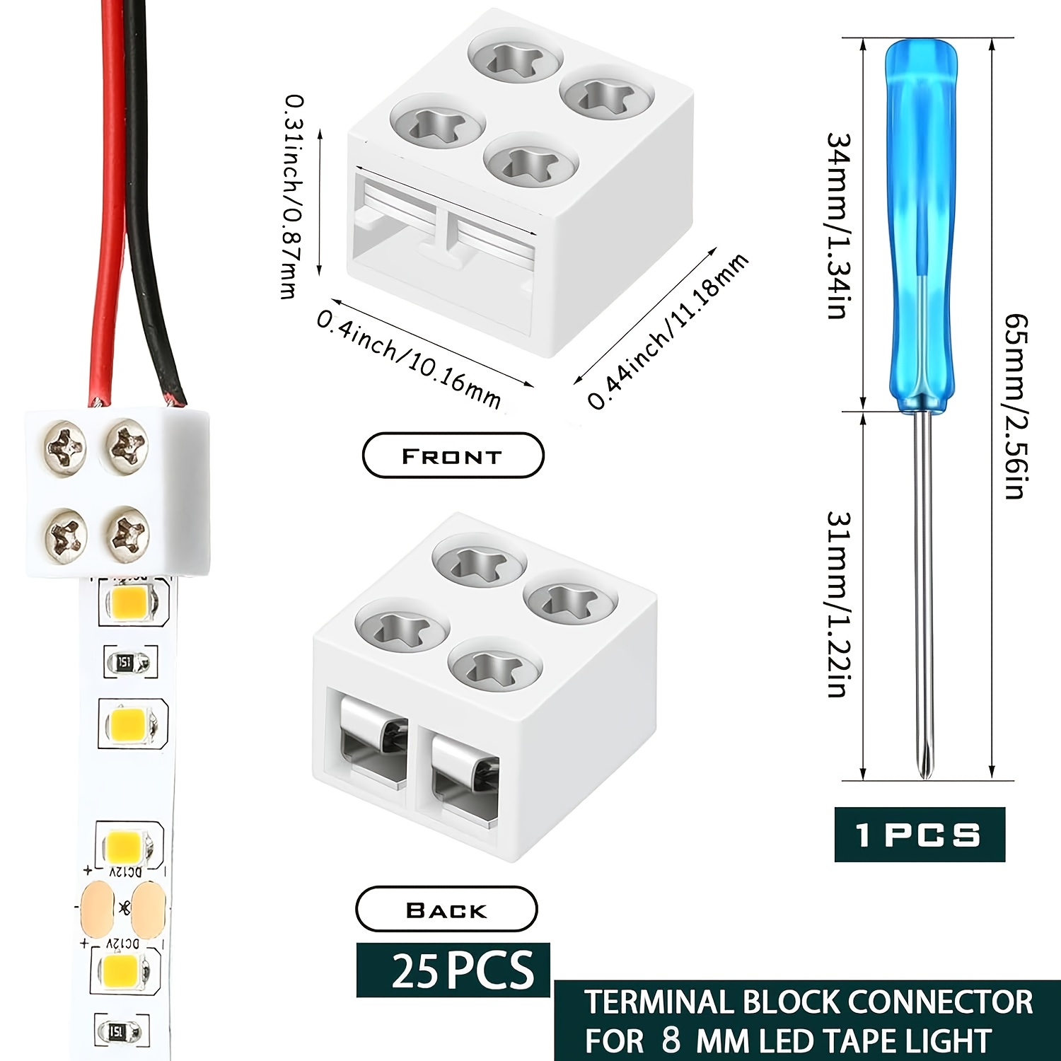 TEMU Conectores para tiras de luces LED de 25 LED con tornillos para conexiones de 2 pines de 8 mm, un destornillador, adecuado para decoraciones de