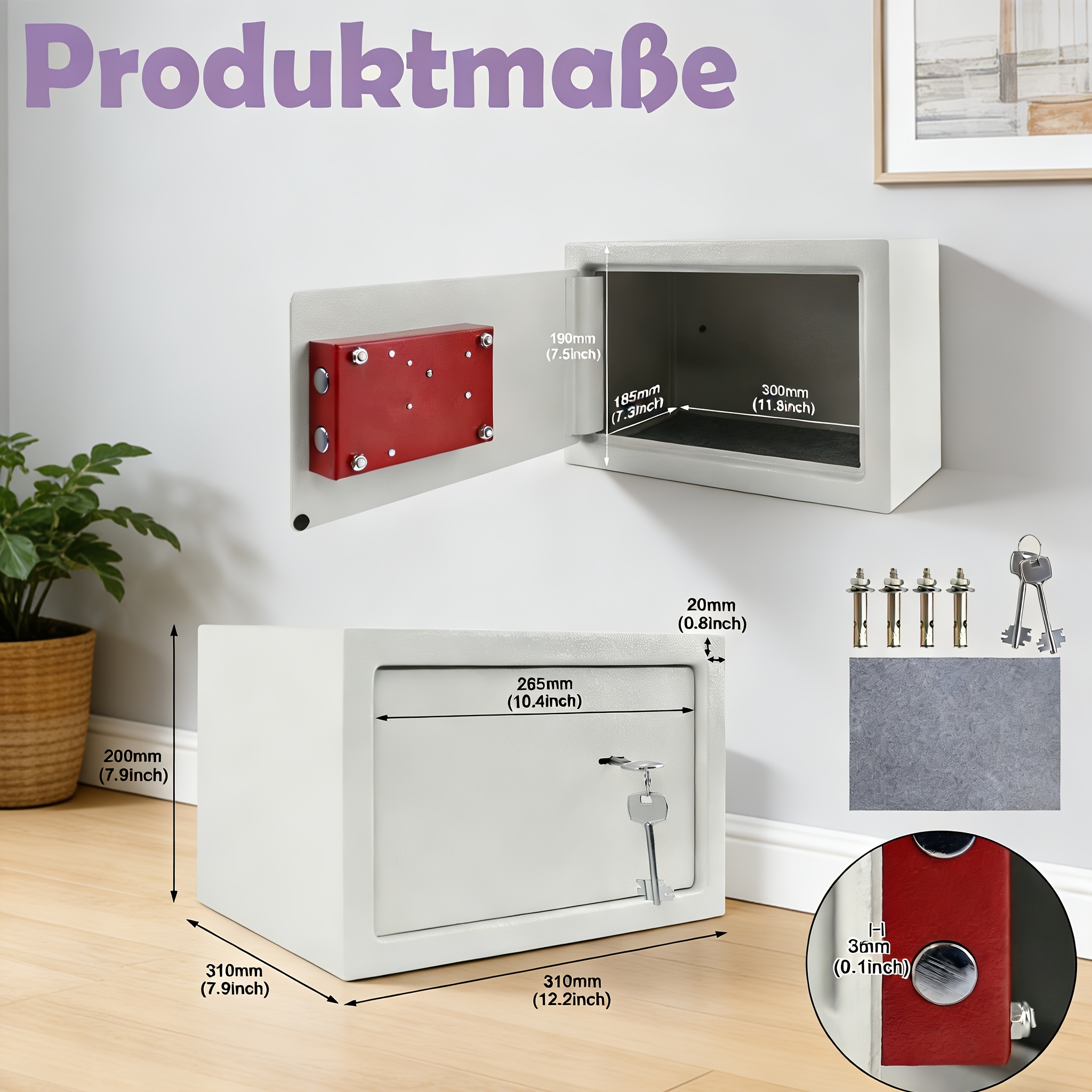 Single-layer Cabinet Safe With 2 Keys, Lock And Fixing Screws, With Mat - 31x20x20cm, Beige