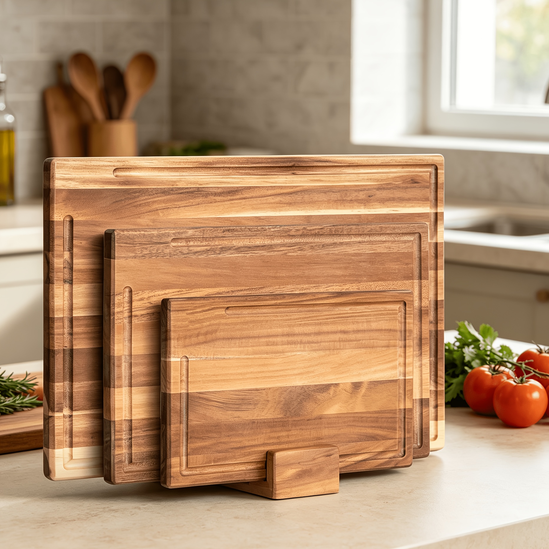 4pcs Solid Wood Cutting Board Set (with Storage Seat) Thickened Kitchen Cutting Board, Wooden Cutting Board, Kitchen Wooden Chopping Board, Serving Platter, Cheese