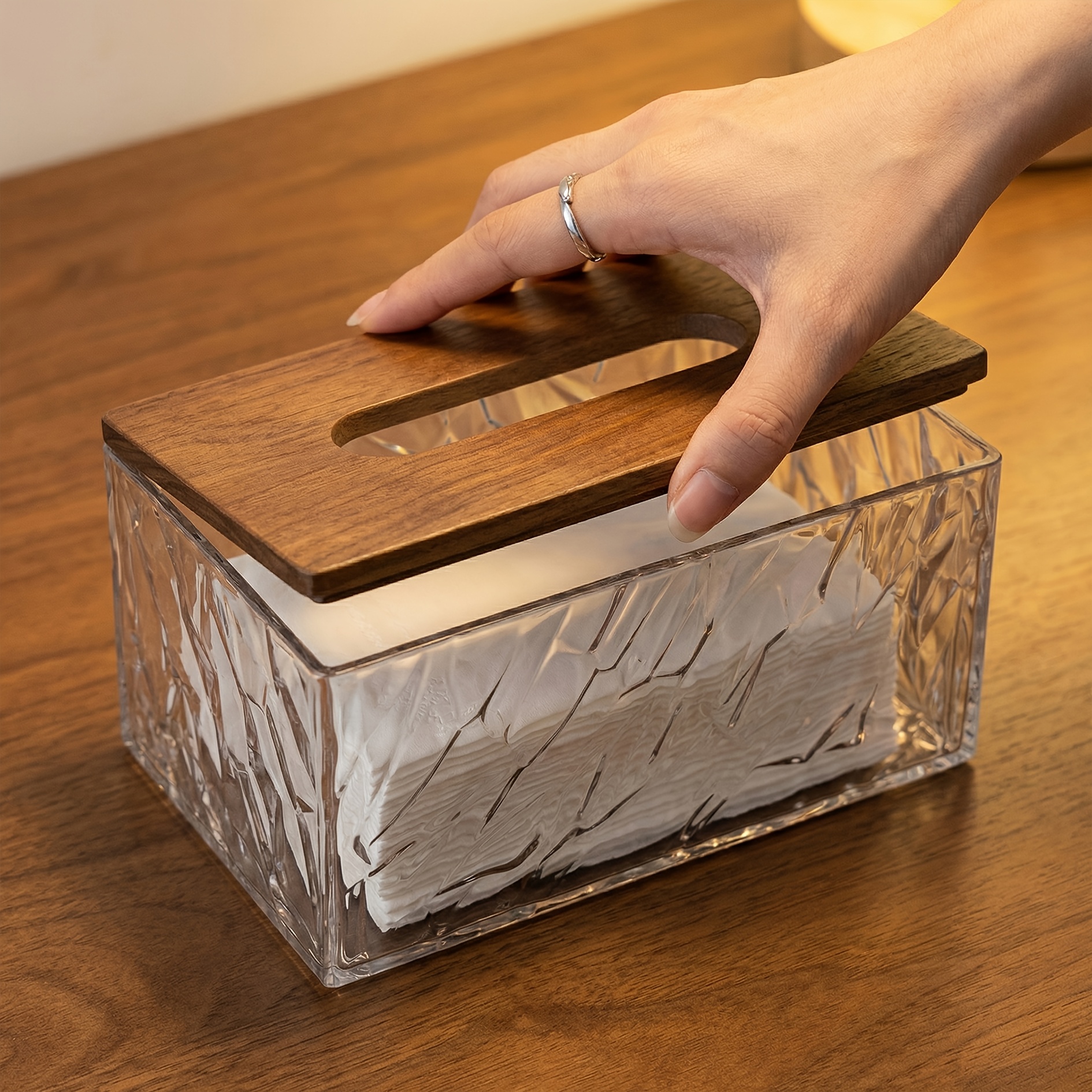 1 crystal texture acrylic tissue box with wooden lid modern minimalist napkin holder   room coffee table desktop tissue storage   bathroom decorative ornament Product details 0