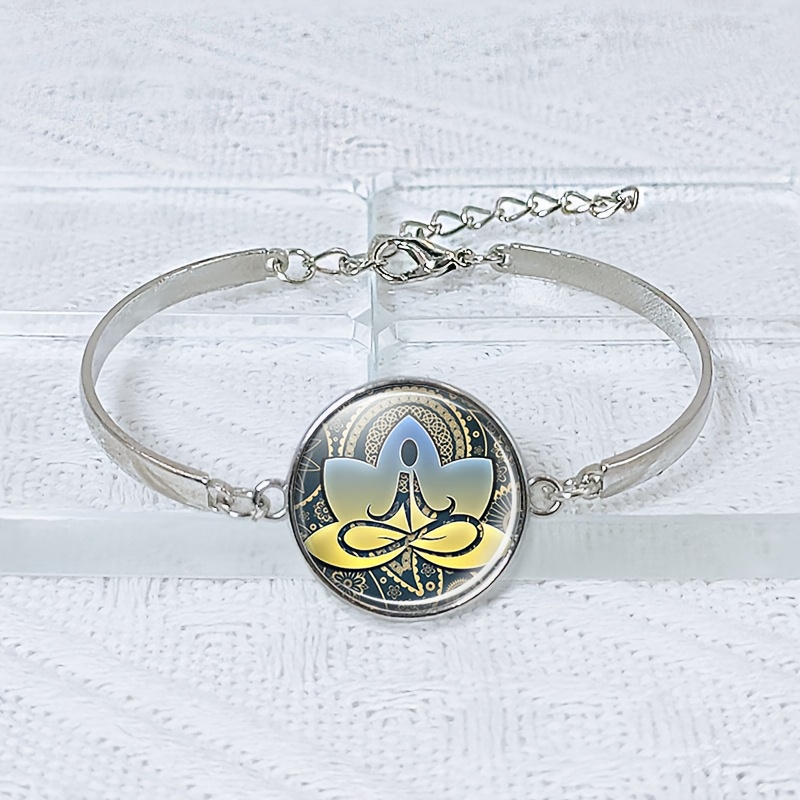 White Flat Glass Retractable Length Bracelet, Yoga Meditation Design