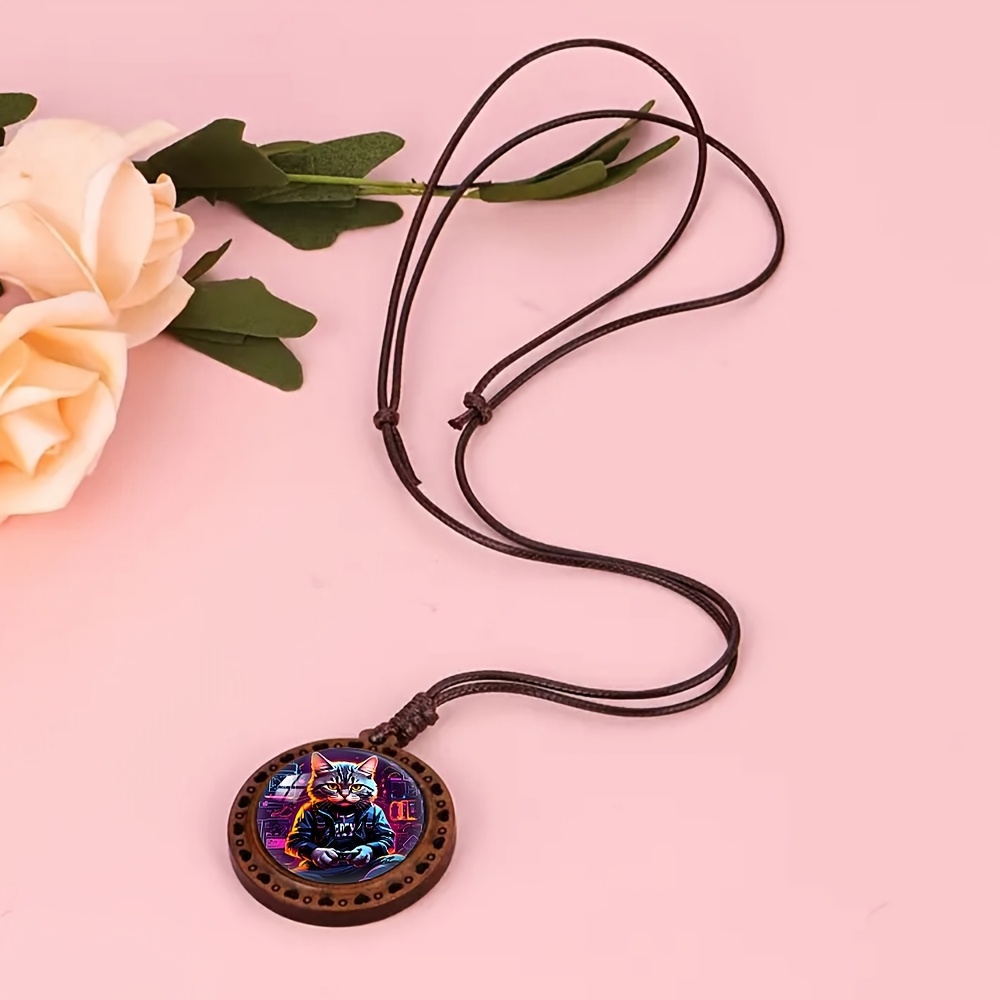 Wooden Cyber Cat Player Heart Necklace, Cute Gift