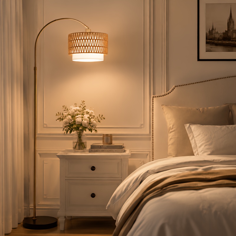 Image of Unique Rattan-woven Floor Lamp, Large Living Room Floor Lamp, Golden Bedroom Floor Lamp-dimmable, Rotates Up And Down, Suitable For Living Rooms, Bedrooms, And Home Offices; Light Bulb Not Included