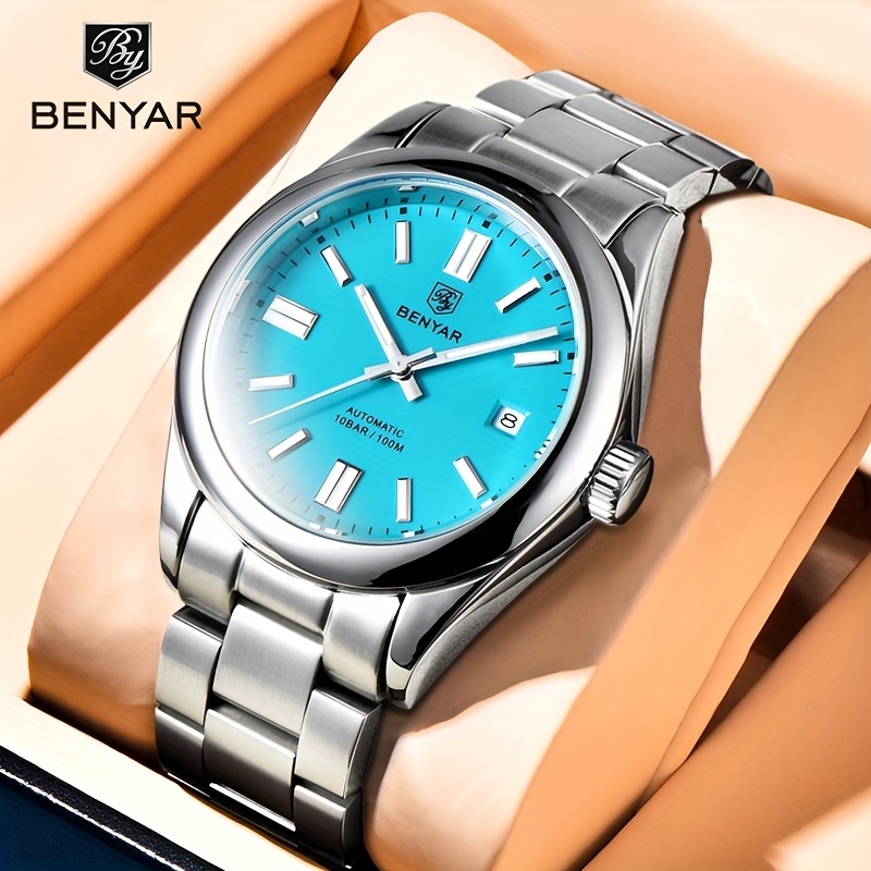 Montre automatique décontractée pour hommes, verre en acier inoxydable,  montre-bracelet mécanique lumineuse pour hommes de 39 mm