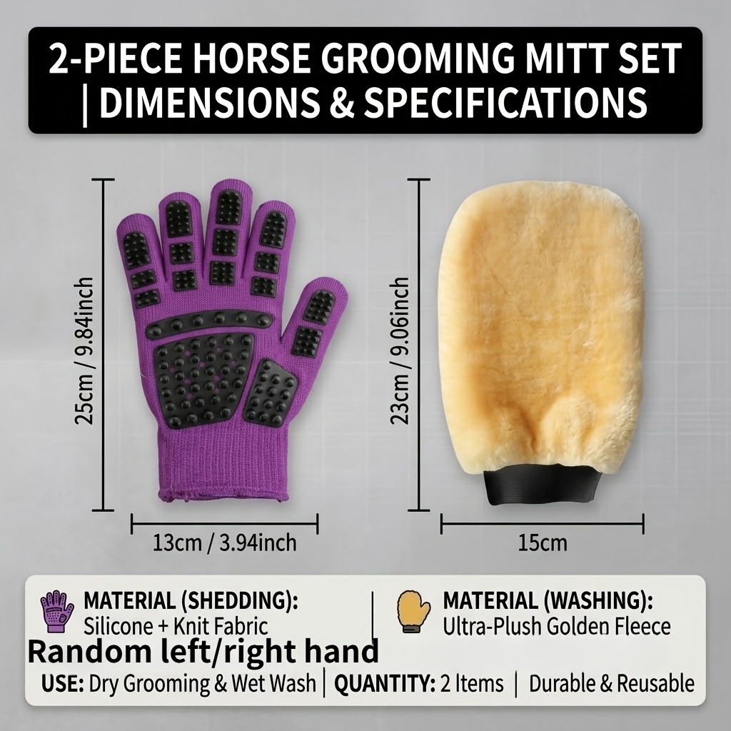 TEMU 2pcs Set Of Horse Grooming Gloves (random 1pc Left Or , Purple) And Pet Bath Gloves, Use, Universal For Cats And Dogs, Soft Plush Deep Cleaning