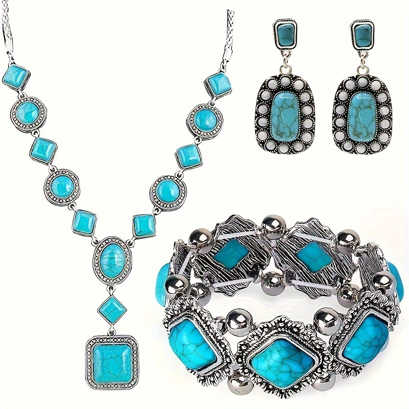 Set Gioielli Bohemian In Turchese - Collana, Orecchini, Bracciale E Anelli Stile Western - Foto 11