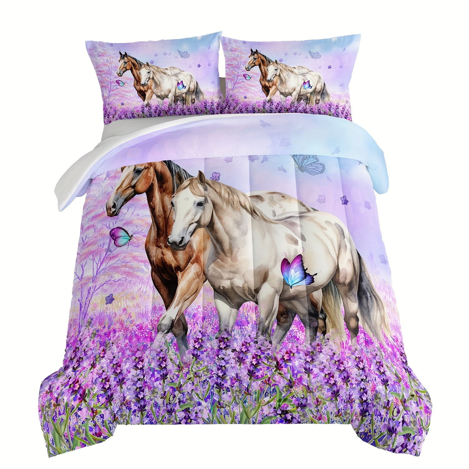 

3pcs Horse Lilac Floral Print Comforter Set - Stylish , Polyester, Skin, Plush And Cozy - Complete 3pcs Set With 1 Comforter And 2 Pillowcases, Not Included, Bedroom And Decor