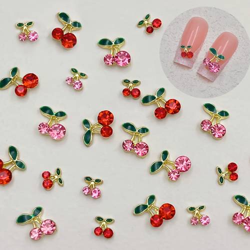 40 adet alaşım taşlı tırnak dekorasyonu, kırmızı & taşlı kirazlar, küçük/orta boy meyve & charm ile diy manikür, pedikür, tırnak tasarımları i̇çin uygun