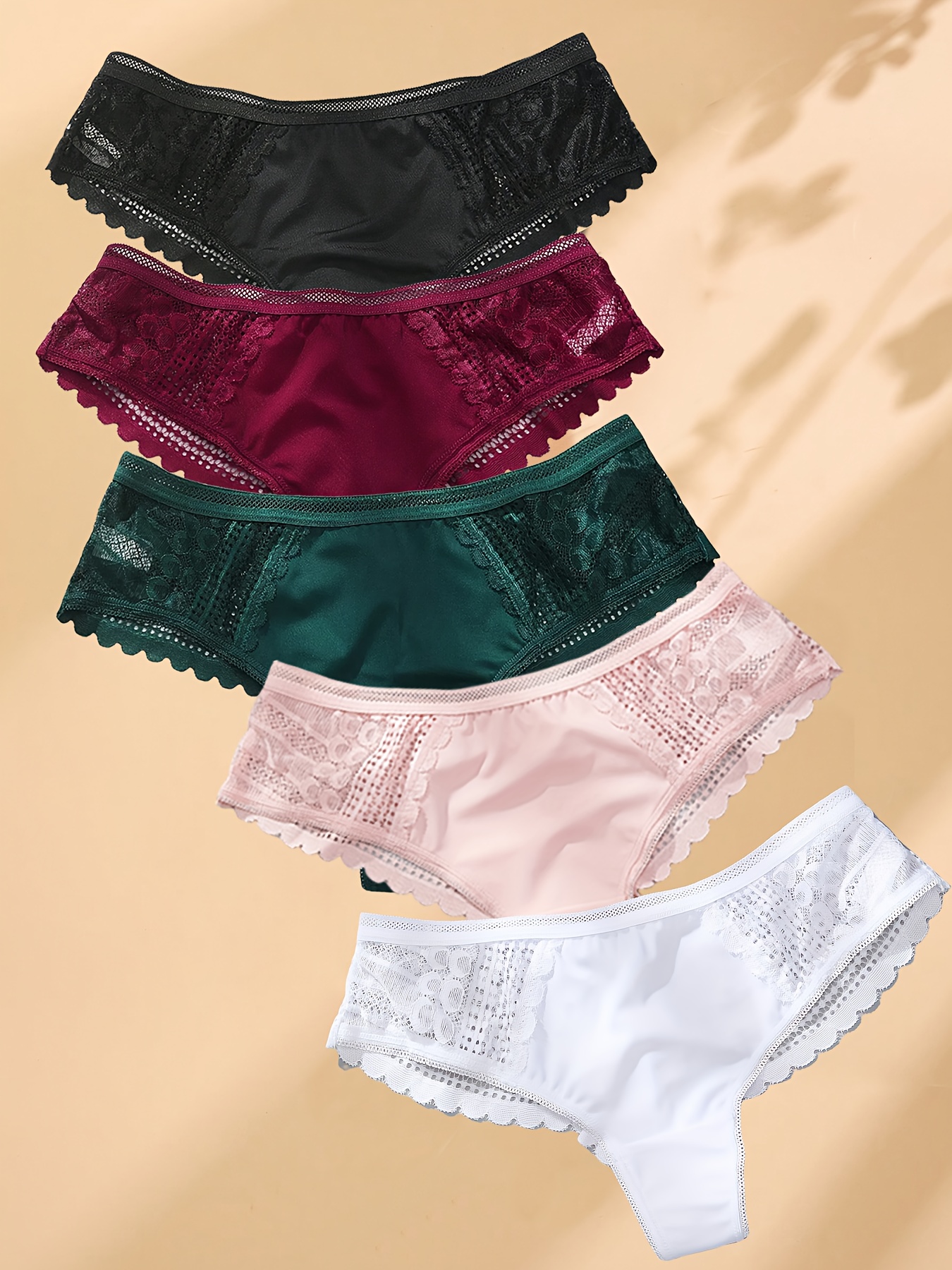 5pcs String Femmes Mid-Rise Lace - Culottes en dentelle contrastée respirante et confortable en noir, rouge, vert, rose, blanc - Lingerie sexy pour le printemps et l'été, String de lingerie, sous-vêtements d'été, sous-vêtements élégants, tissu respirant