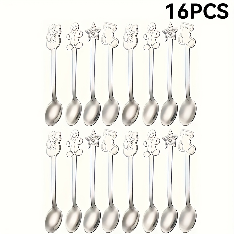 TEMU Silvery Christmas-themed Spoon Set, Made Of Stainless Steel, 12/16pcs, Perfect Festive Tableware, Durable And Fashionable Design