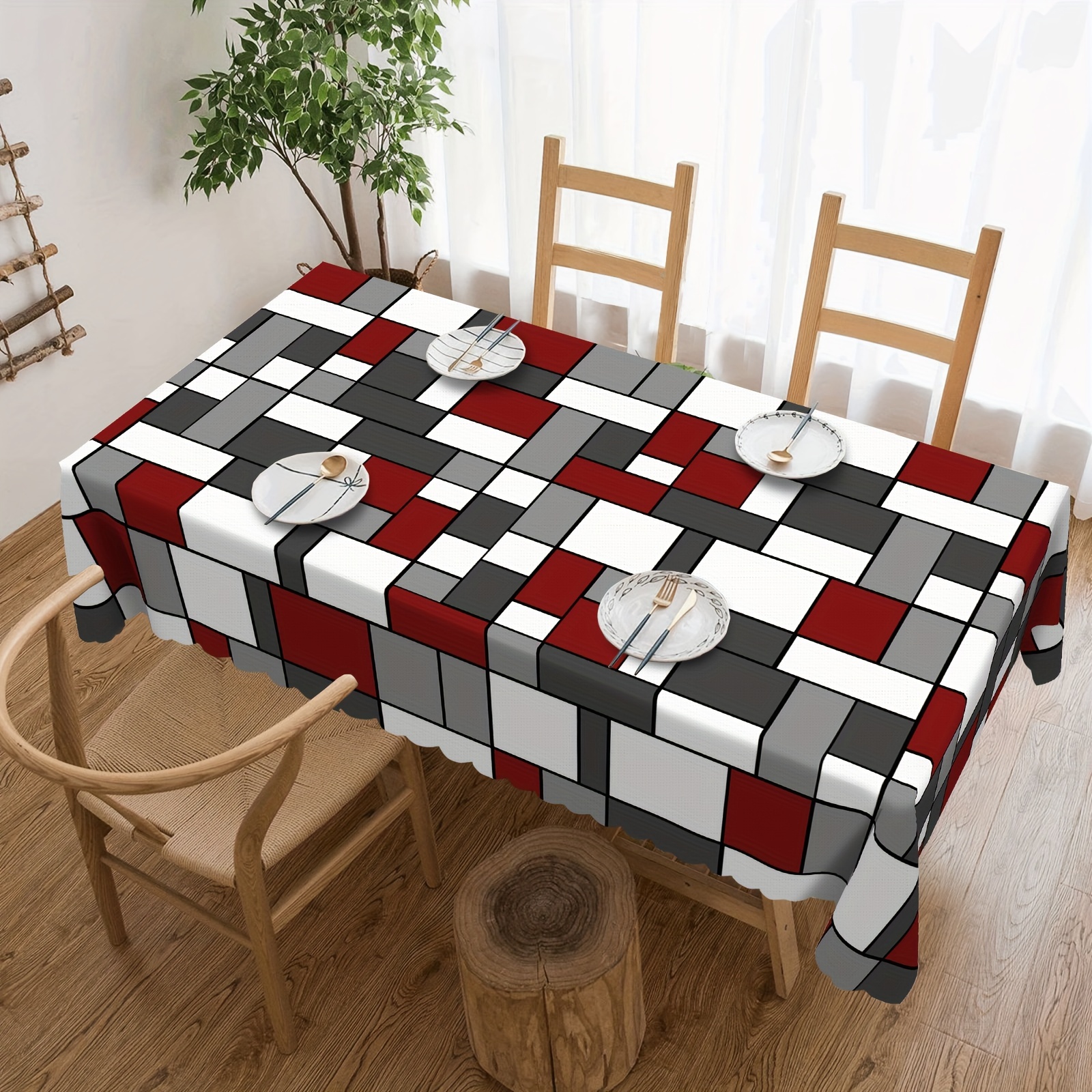 TEMU 1pc Round Rectangular Tablecloth, Abstract Geometric Pattern Tablecloth, Dining Table Decor, Multicolored Tablecloth, Decorative Home Kitchen,