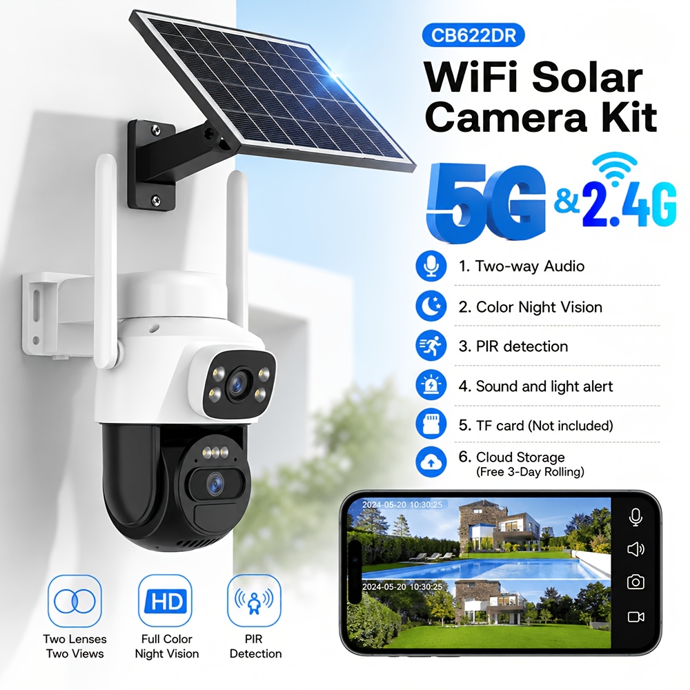 TEMU Vstarcam Outdoor Wifi Home Security High-definition Camera, 1 2 Perspectives, Color Night Vision, Dual-lens Solar-powered Camera.