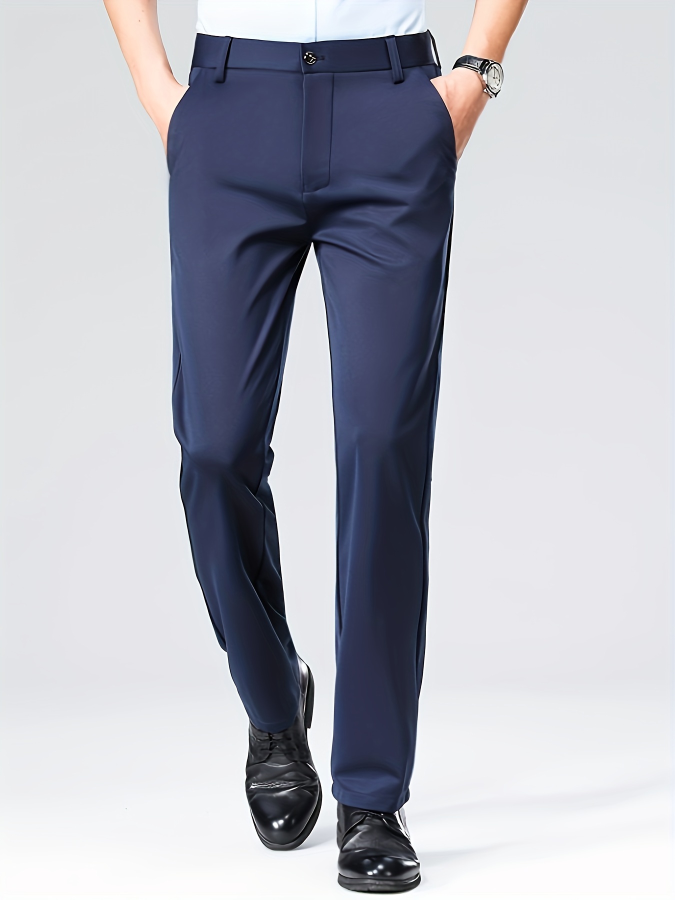 Men'S Relaxed Fit, Navy Blue Dress Pants - Stretchy Spandex Blend, Button-Fly, Mid-Rise, All-Season Workwear, Office Attire|Relaxed Fit Pants|Stylish Waistband