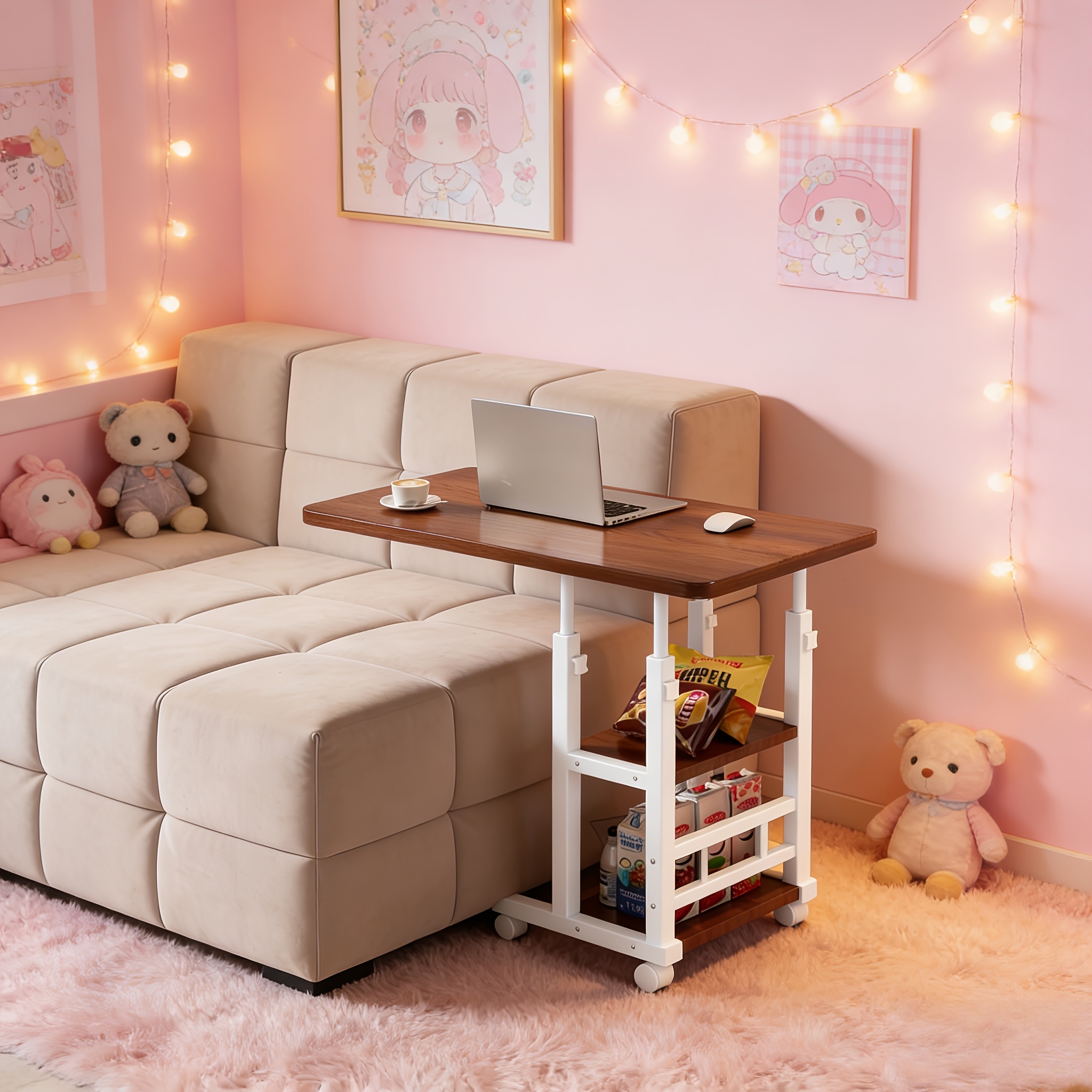 Mobile Nightstand with Wheels, Height Adjustable Bedside Table with Storage Shelf, Rolling Side End Table for Bedroom, Dorm, Living Room, Easy Assembly& Space-Saving Caster Table for Small Spaces.