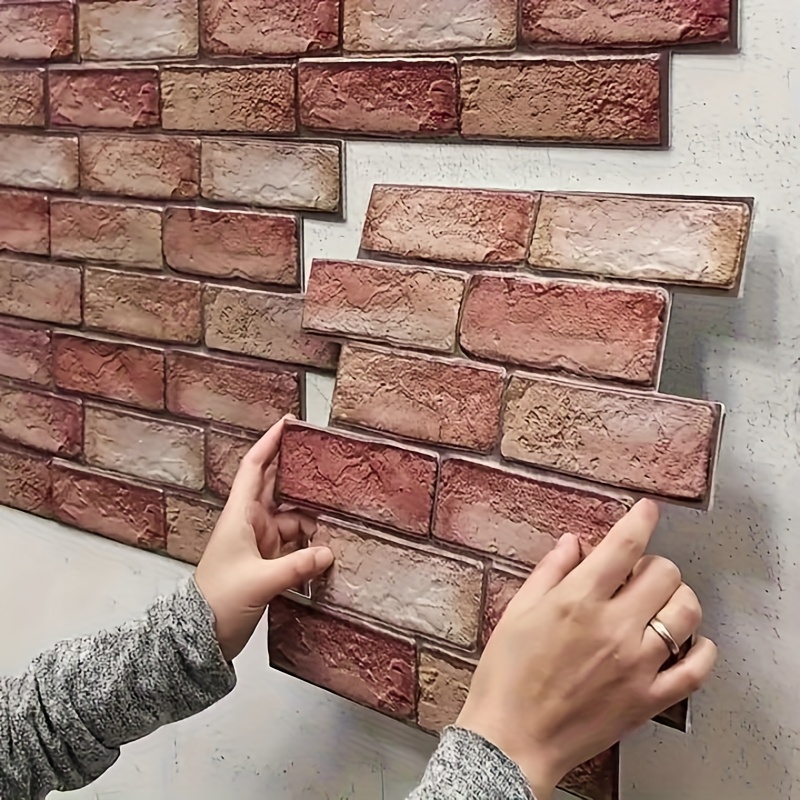 Image of 20pcs 3d Red Brick Wall Tile Stickers - Self-adhesive, Easy To Peel And Stick, Impact-resistant, Cuttable For - Ideal For Kitchen, Living Room, Bathroom, Hallway Decoration, Tile Sticker Kitchen