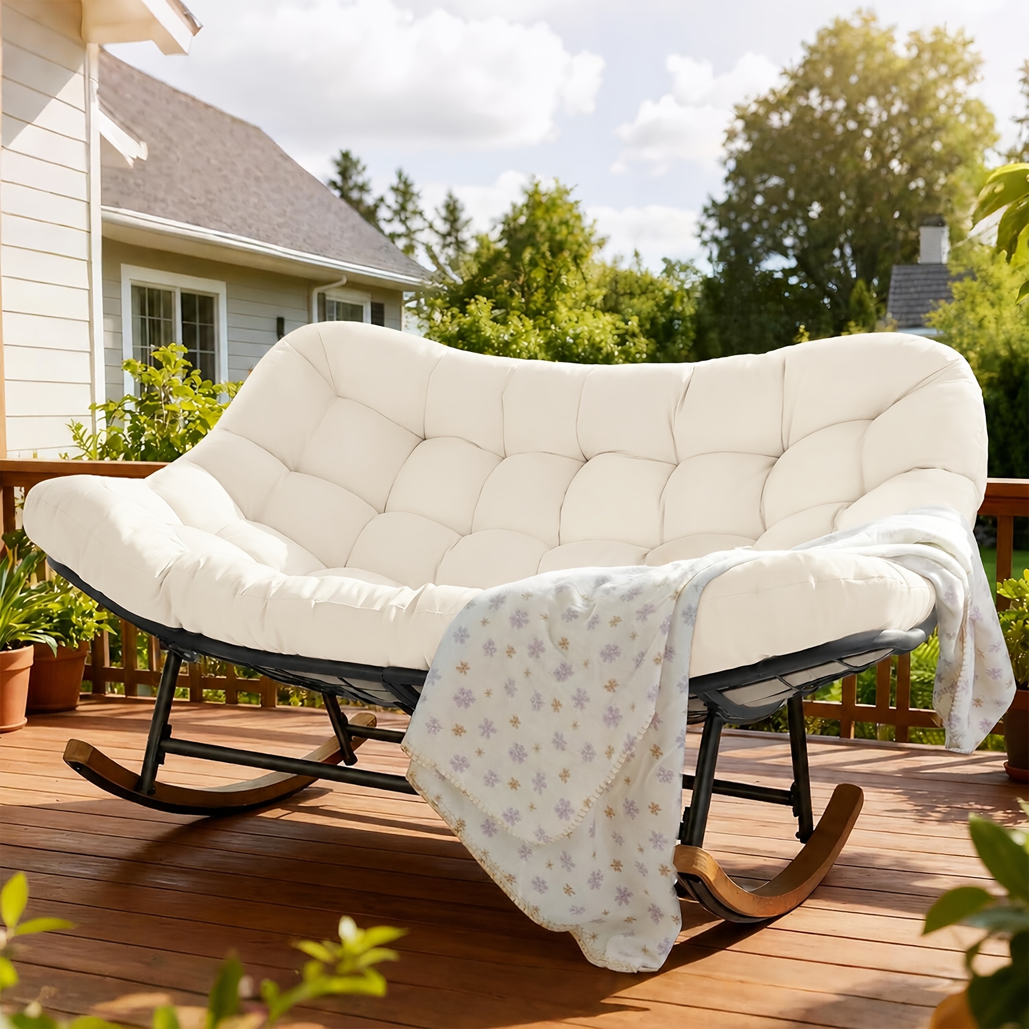 Double Papasan Rocking Chair, Double Oversized Papasan Rocking Chair With Thick Cushions, Perfect For Game & Room Furniture