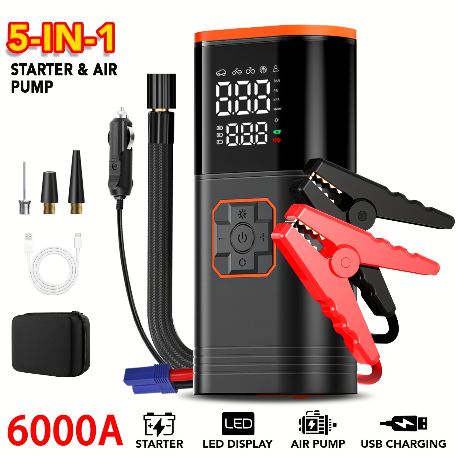 Image of Portable Car Battery Starter With Air Compressor, 4000-7000a Current Optional, 12v Pack (up To 14.0l Gasoline And 12.0l Engines), Power Bank With Led Display, 3-mode Flashlight And Jumper Cables