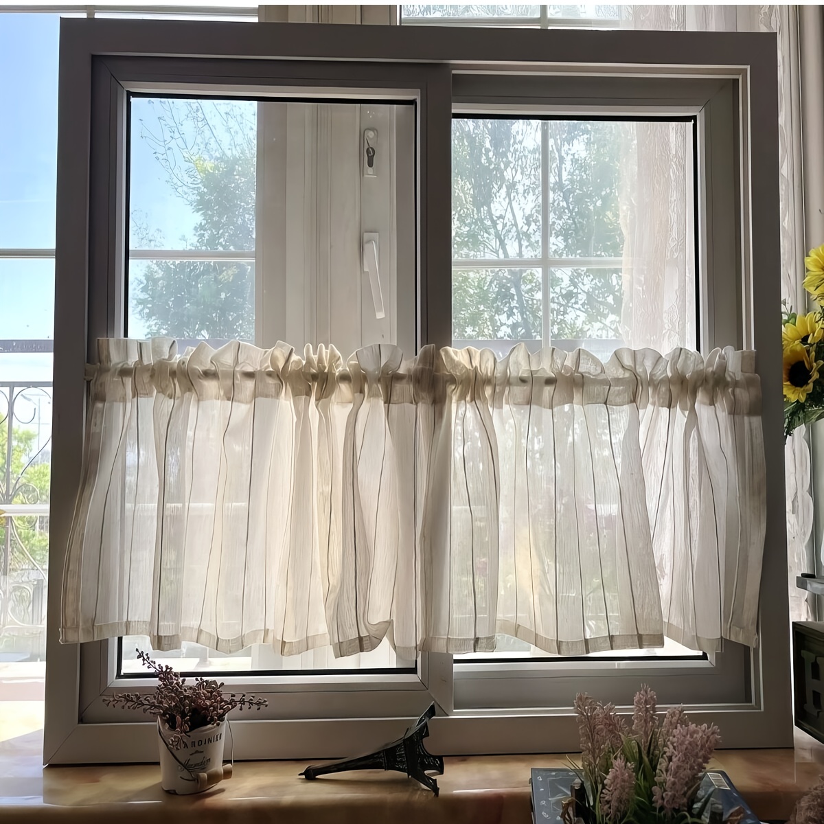 TEMU 1pc, -colored Japanese Pastoral Style Striped Semi-sheer Window Valance, Soft Fabric, Rod , Easy To Hang, Washable, Retro Minimalist Home Door