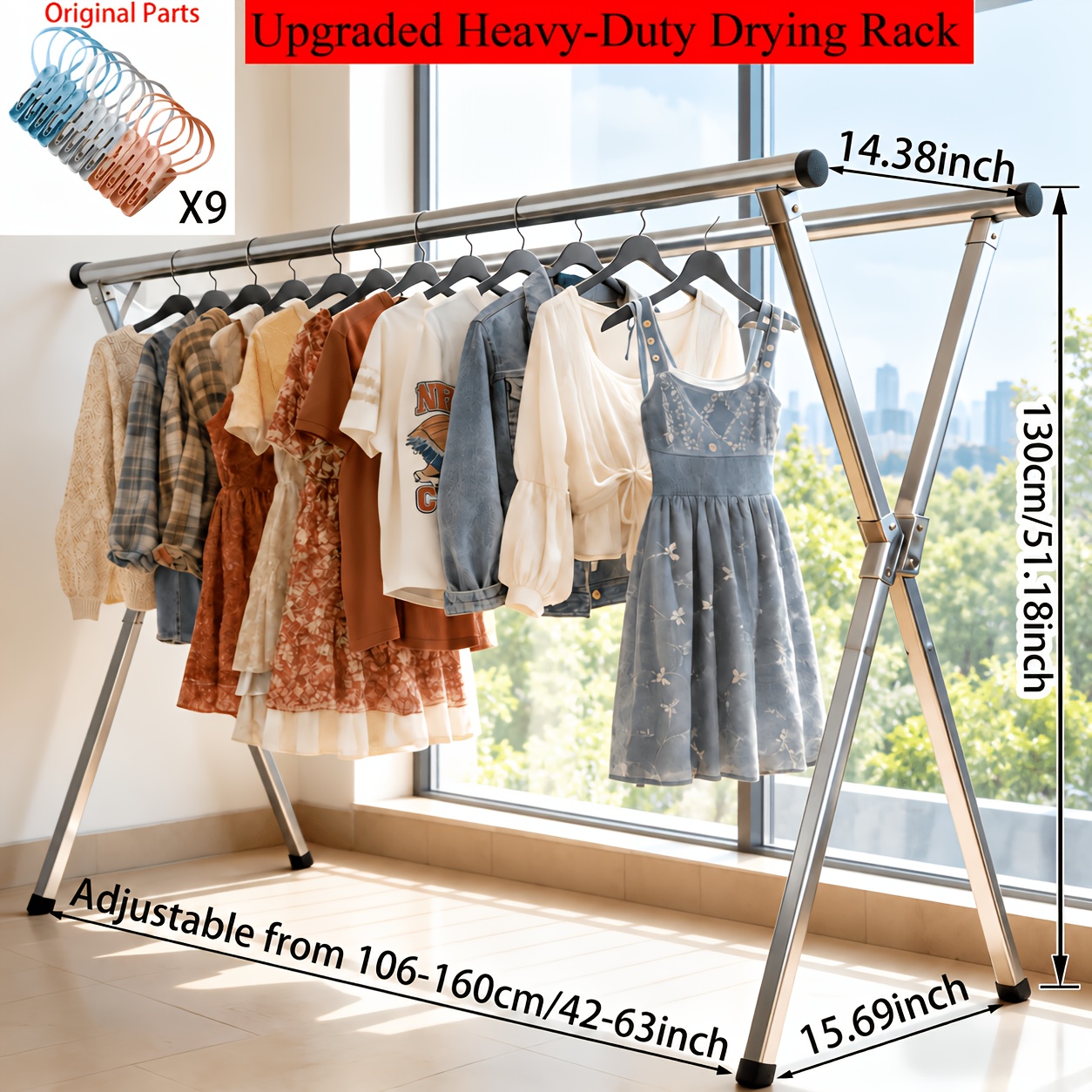 TEMU Heavy-duty Adjustable 3-bar Clothes Drying Rack, Freestanding Stainless Steel Laundry Rack Suitable For Balcony, Dorm, - Portable Large Hanger