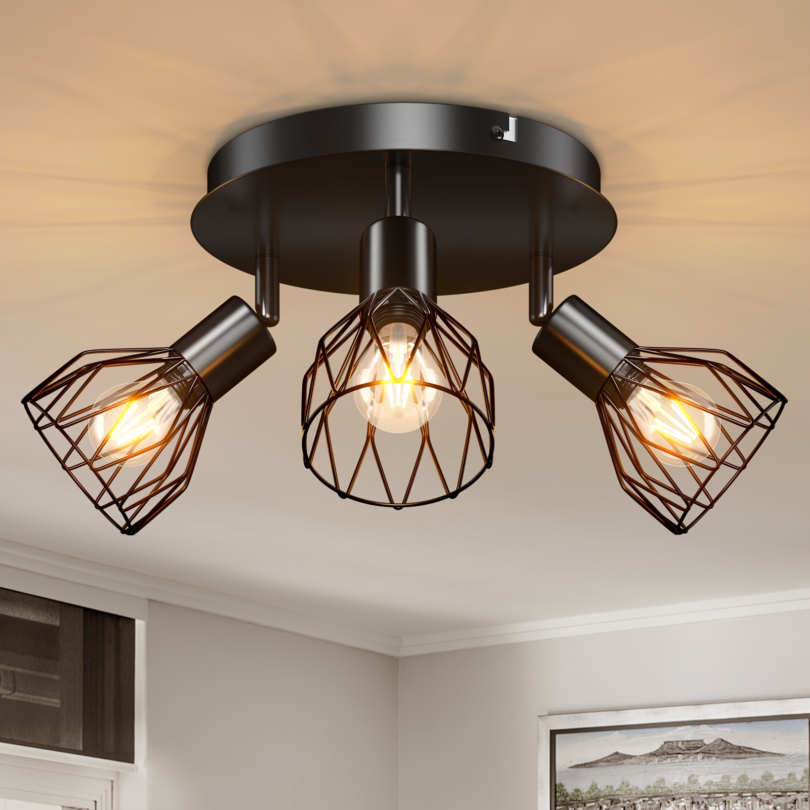 Image of 3 Way E14 Ceiling Spotlight Rotatable - Spot Light Ceiling Black Ceiling Lights Industrial E14 - Spot Light Fittings Wire Cage Wall Spotlight Bar For Room Bedroom No Bulbs