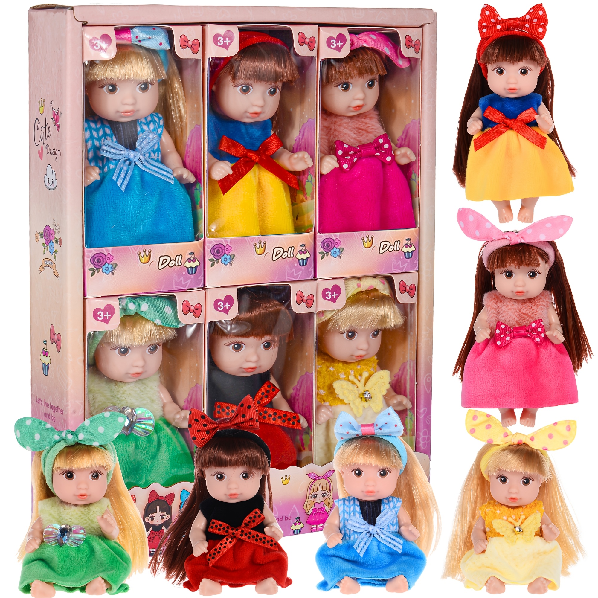 TEMU 6-pack Fashion Doll Collection - 6 Unique Stylable With Rotatable Limbs And Cute Outfits, Collectible Toy Gift For 3+ Kids, Halloween Christmas