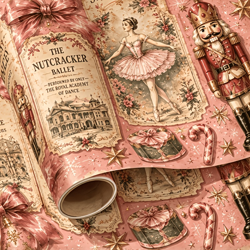 Image of 17 X 118 Inch Pink Nutcracker Christmas Wrapping Paper Roll, Vintage Ballerina Bow Ornament Print Gift Wrap Paper, Feminine Retro Xmas Packaging Paper For Holiday Gift Boxes, Girly Decor