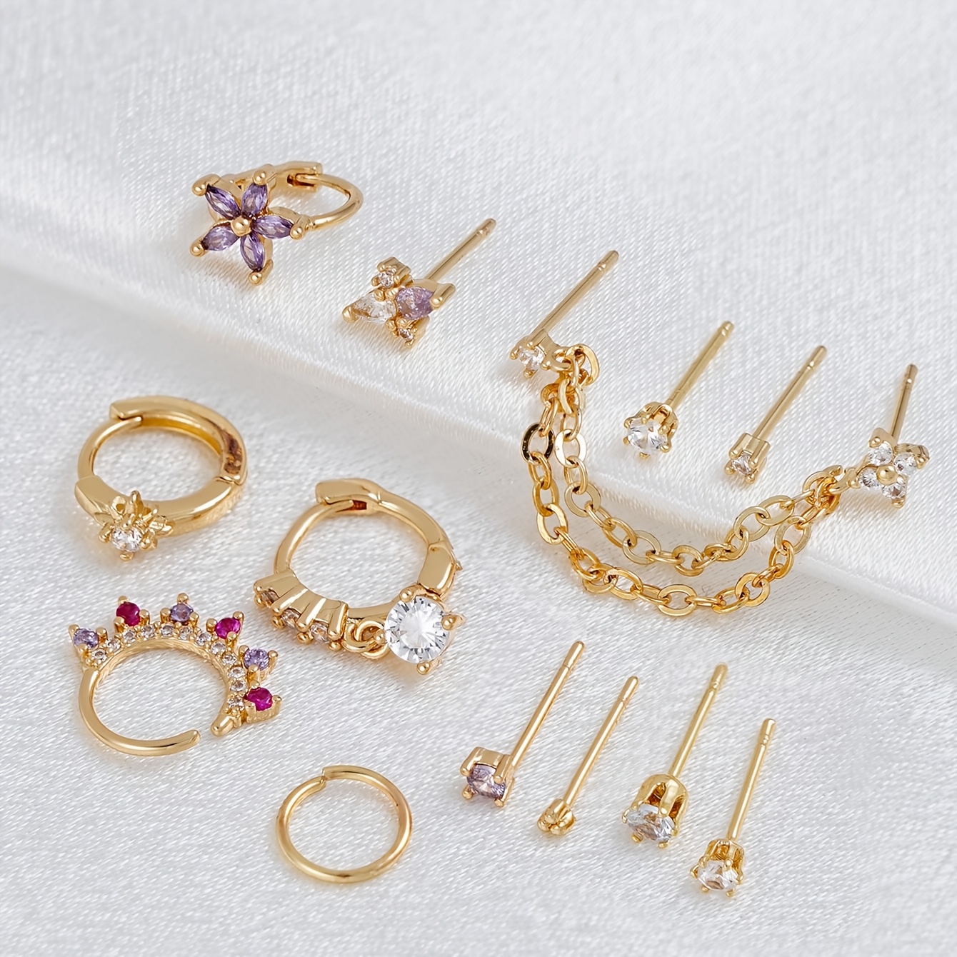TEMU 13pcs Fashionable Exquisite Purple Pink Synthetic Zirconia Ear Hoop Stud Set, Charming Chain Dangle Stackable Studs, Suitable For Women's