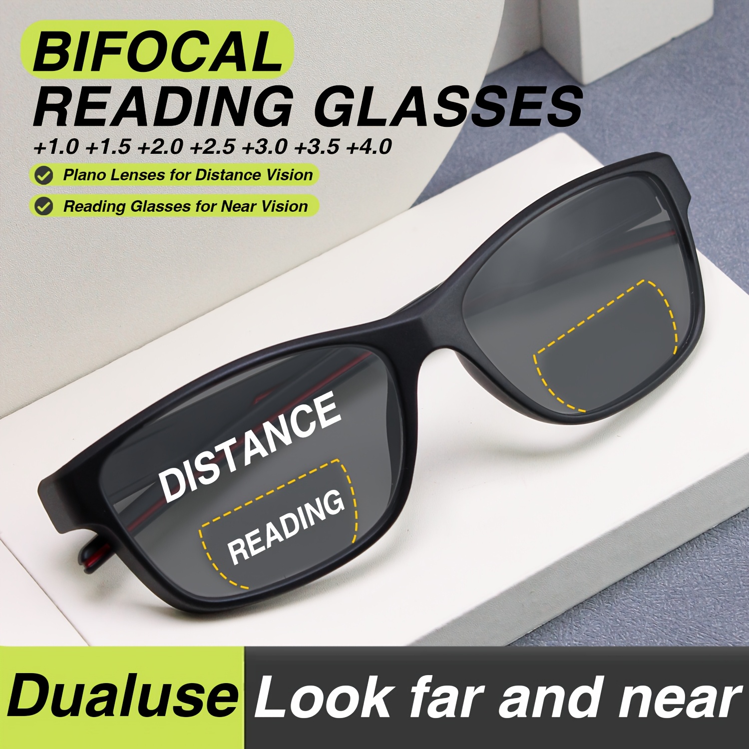 2pcs Sporty Bifocal Reading Glasses for Men & Women - Dual Focus Lenses for Near & Far Vision, Lightweight Plastic Frame, Stylish Gray with Red Accents, Comfortable for Activities, Magnifying Glasses