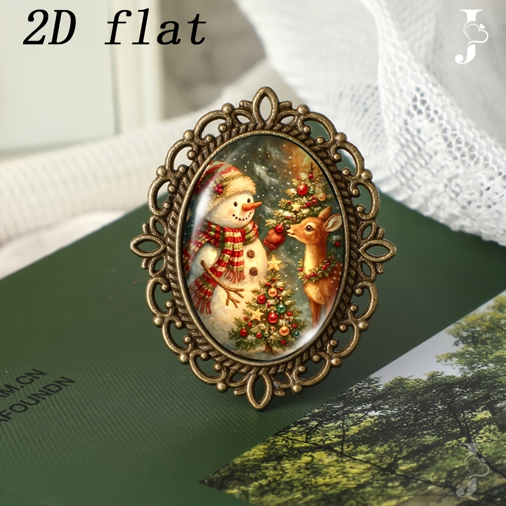 TEMU 2d Flat, 1pc Vintage Christmas Snowman Deer Christmas Tree Oil Painting Oval Glass Badges, 2d Flat Design Glass Pattern, Versatile Ornament For