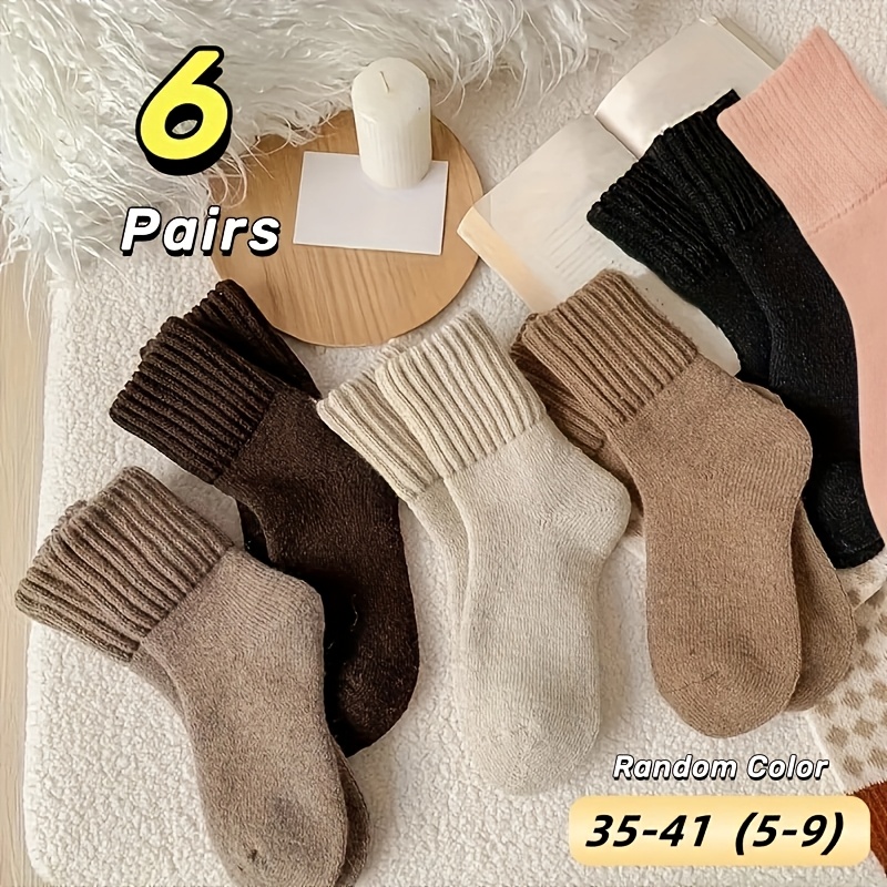 Image of 6 Pairs Winter Solid Teenager's Mid-tube Socks, Random Color Sweet And Comfortable High Ribbed Socks, Warm And Thick Fashion Warm Socks, For Teenager, For Teenager