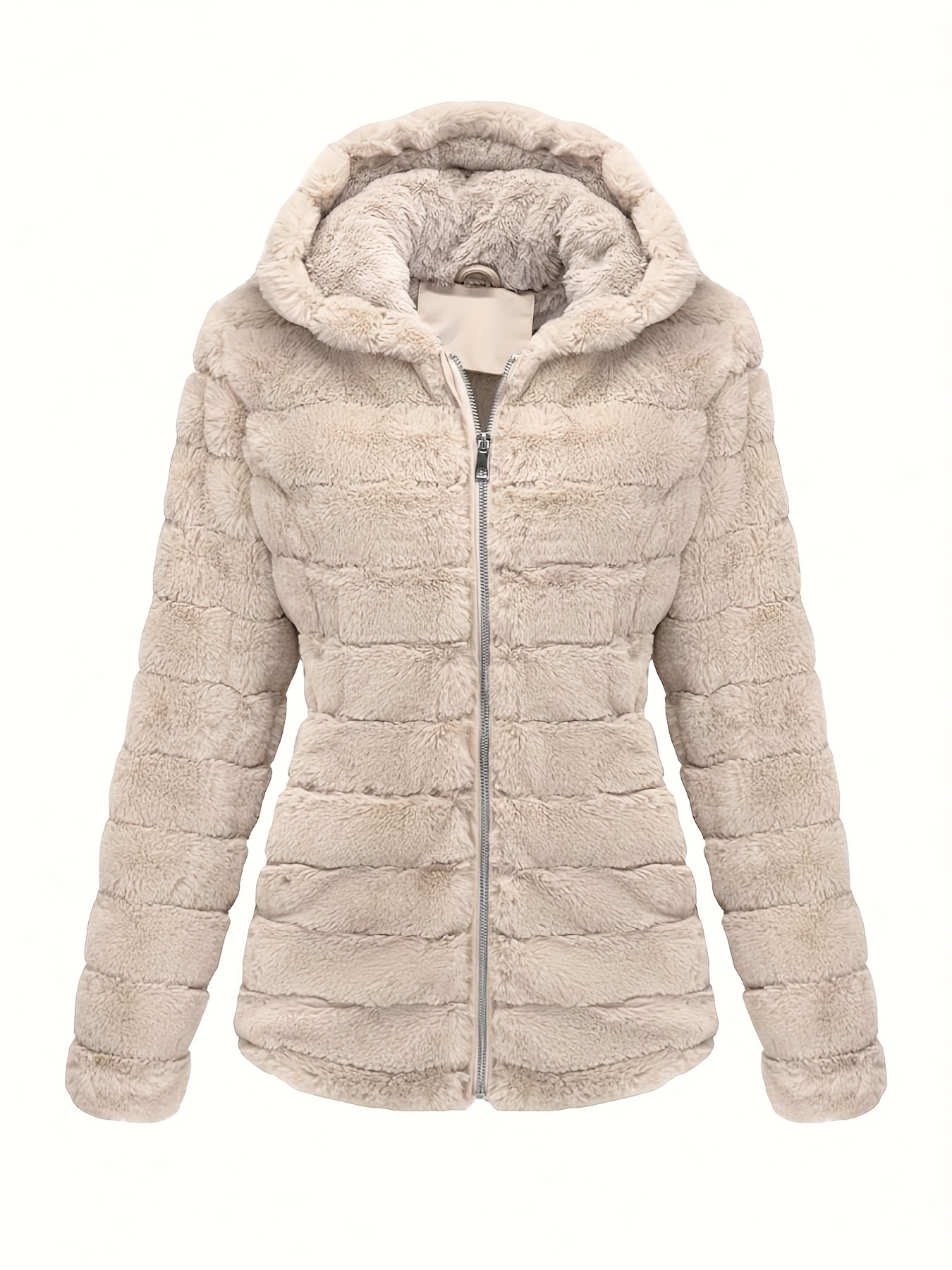 womens fall winter   fur hooded jacket polyester solid color knit fabric outerwear with zipper and polyester lining