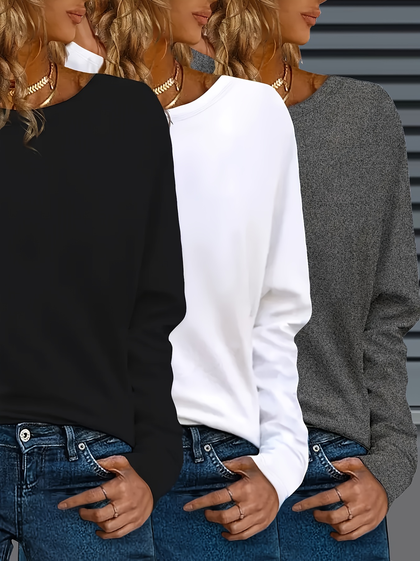 3 pack womens casual crew neck t shirts polyester knit long sleeve   with   stretch solid color regular fit for fall winter Product details 3