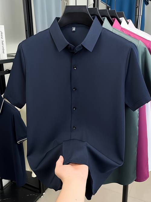 mens formal solid color dress shirt business casual easy and elegant summer short sleeve blouse fold over collar single button closure best mens gift