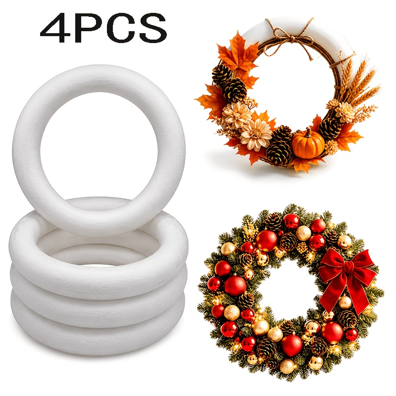 TEMU 4pcs Pack Of White Foam Garland Rings - Lightweight Polystyrene Diy Craft Circles Suitable For Christmas, Easter Decorations, Paintable Pre-made