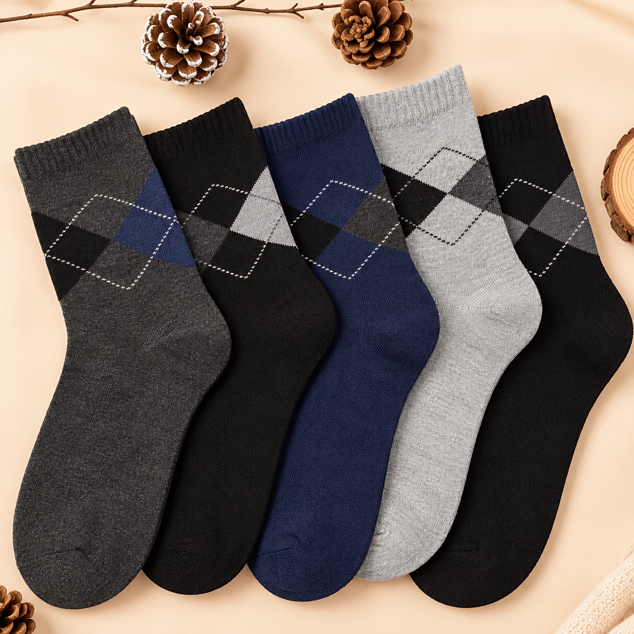 TEMU Lot de 5 paires de chaussettes pour homme, chaussettes toutes saisons en à losanges de couleur unie, style décontracté professionnel vintage ,