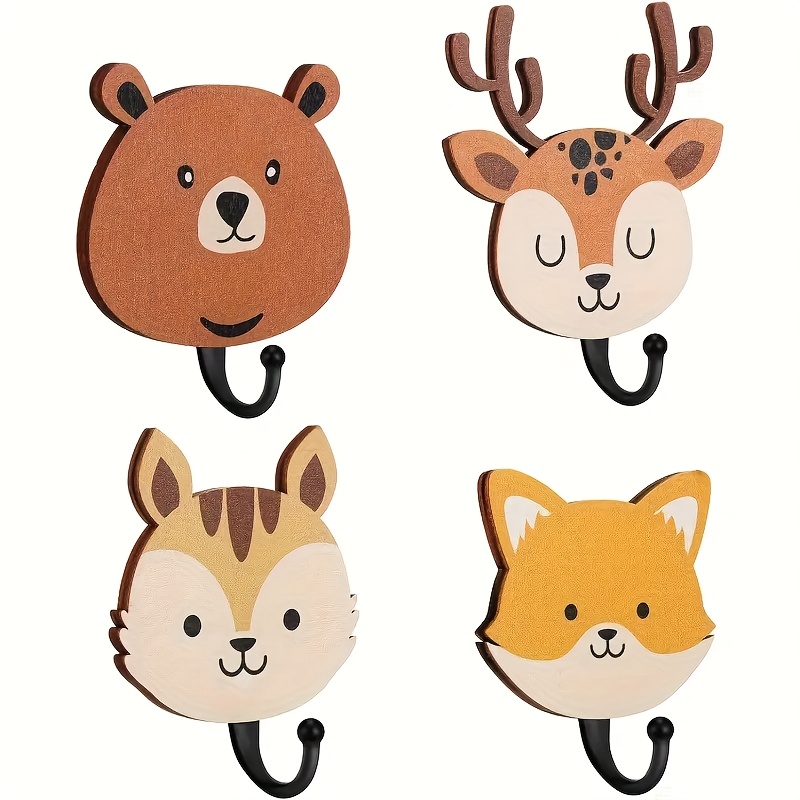 E-shop 4 Stück Holz-Wandhaken mit Wildtier-Motiven - Bär, Elch, Eichhörnchen, Fuchs - Dschungel-Deko für Zimmer oder Schlafzimmer - Einfach zu