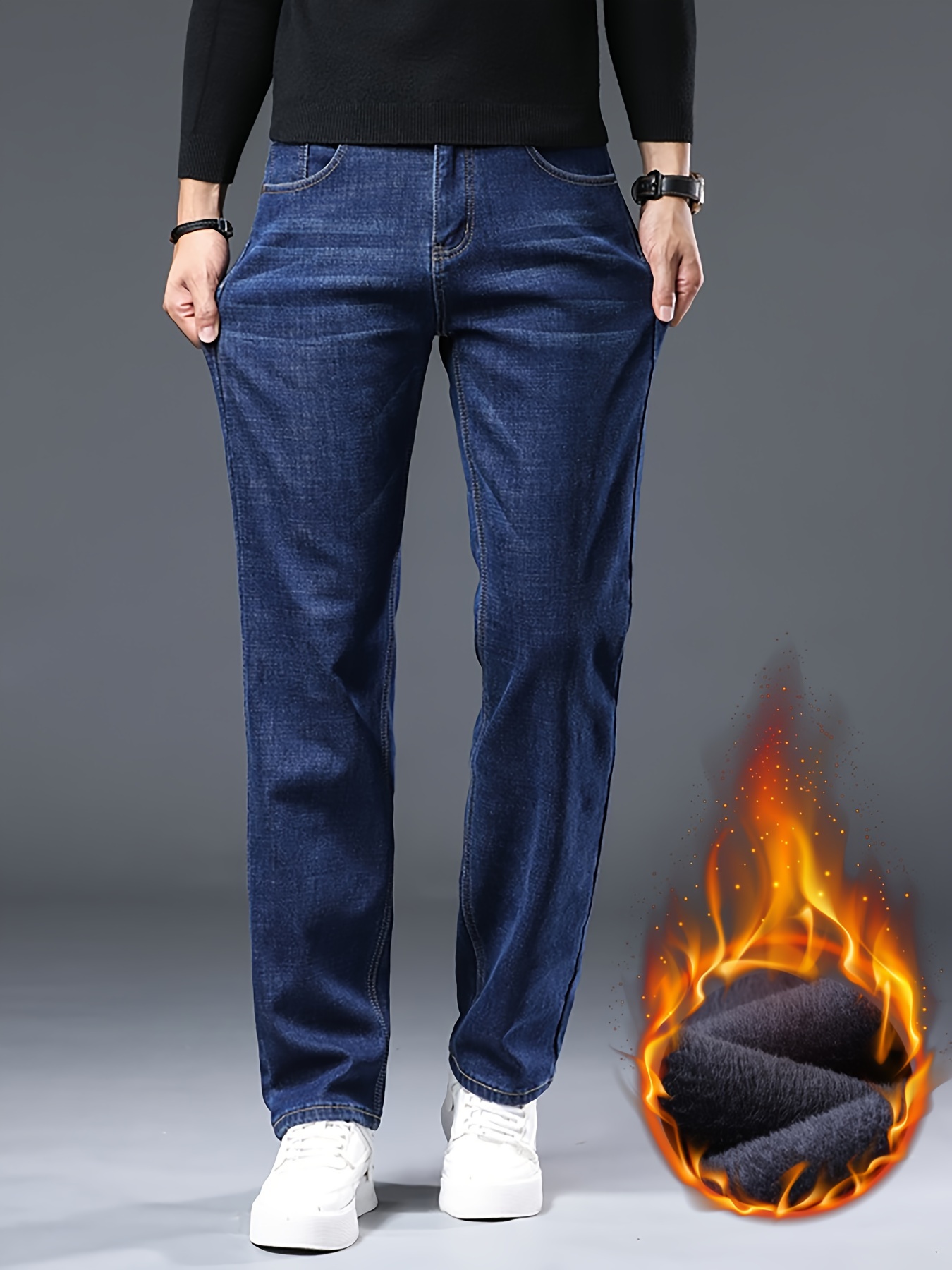 men's winter warm fleece lined jeans thick stretch denim in Temu