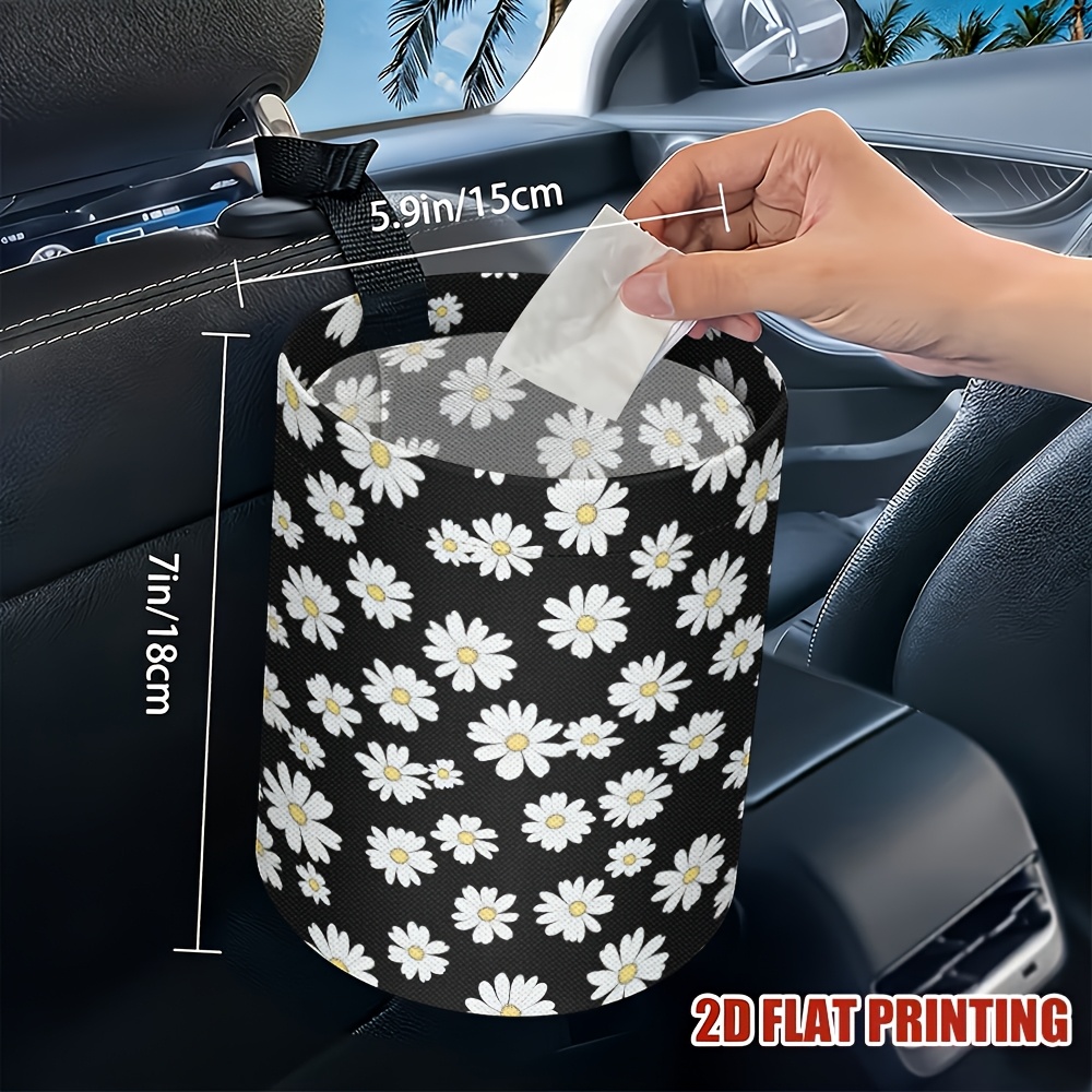 TEMU 1pc Small Daisy Printed Car Trash Can, Fashionable, For Kitchen, Camping, And Car Interior, Accessories, Car Trash Organizer, Car Decor Storage