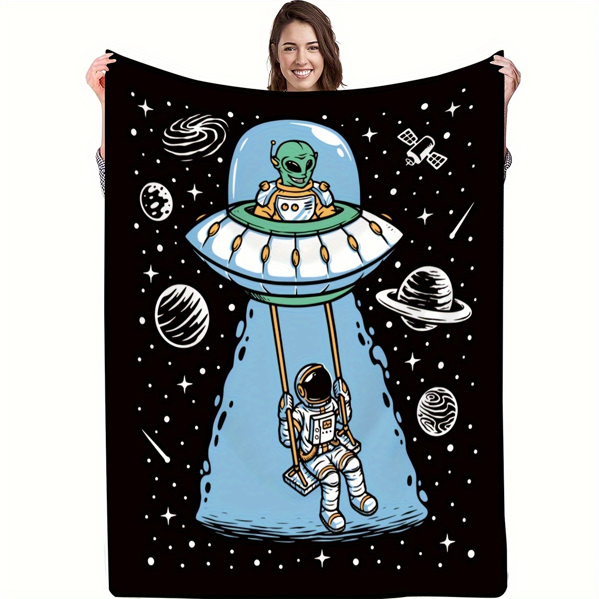 

1pc Cartoon Alien Astronaut Gift Blanket For Son Soft Blanket Flannel Blanket, Nap Throw Blanket, Soft Skin-friendly Casual Sofa Blanket, Holiday Gift Blanket, Bed Blanket, Multi-purpose Blanket