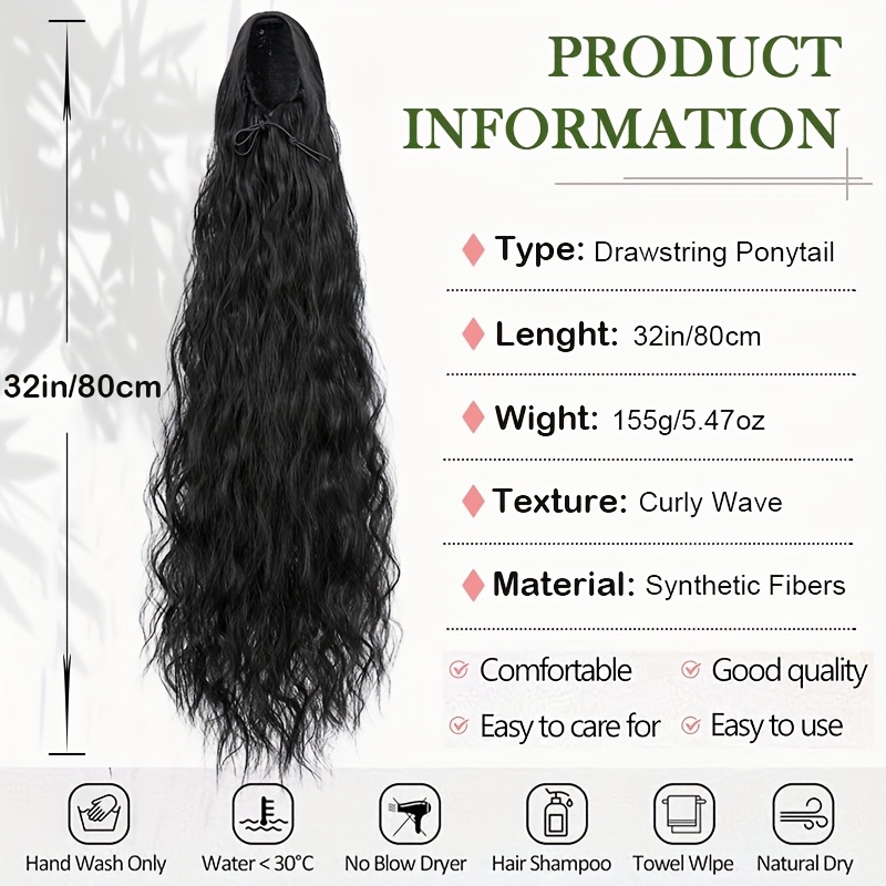extra long ponytail extension 32 inch deep wavy curly drawstring pony tail extensions   fluffy synthetic clip in hair extensions brown blonde highlight hairpiece for women daily halloween use part details 2