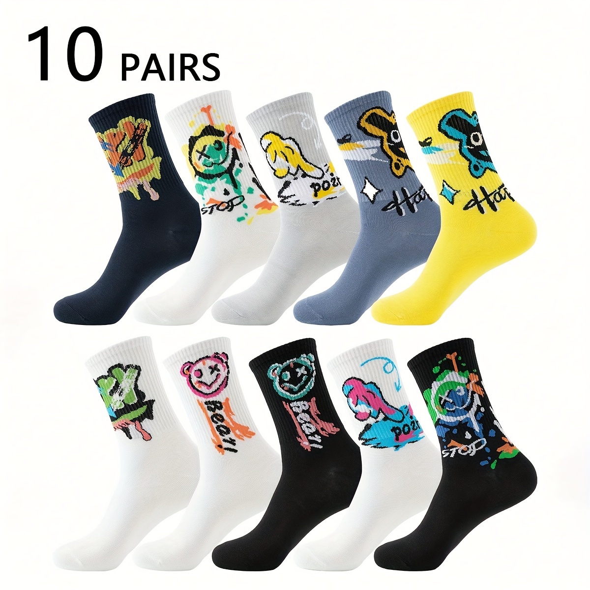 

10 Pairs Men's Mid-calf Socks - Creative Graffiti Funny Casual Fashion Walking Hiking Cycling Daily Polyester And Spandex Knit Fabric