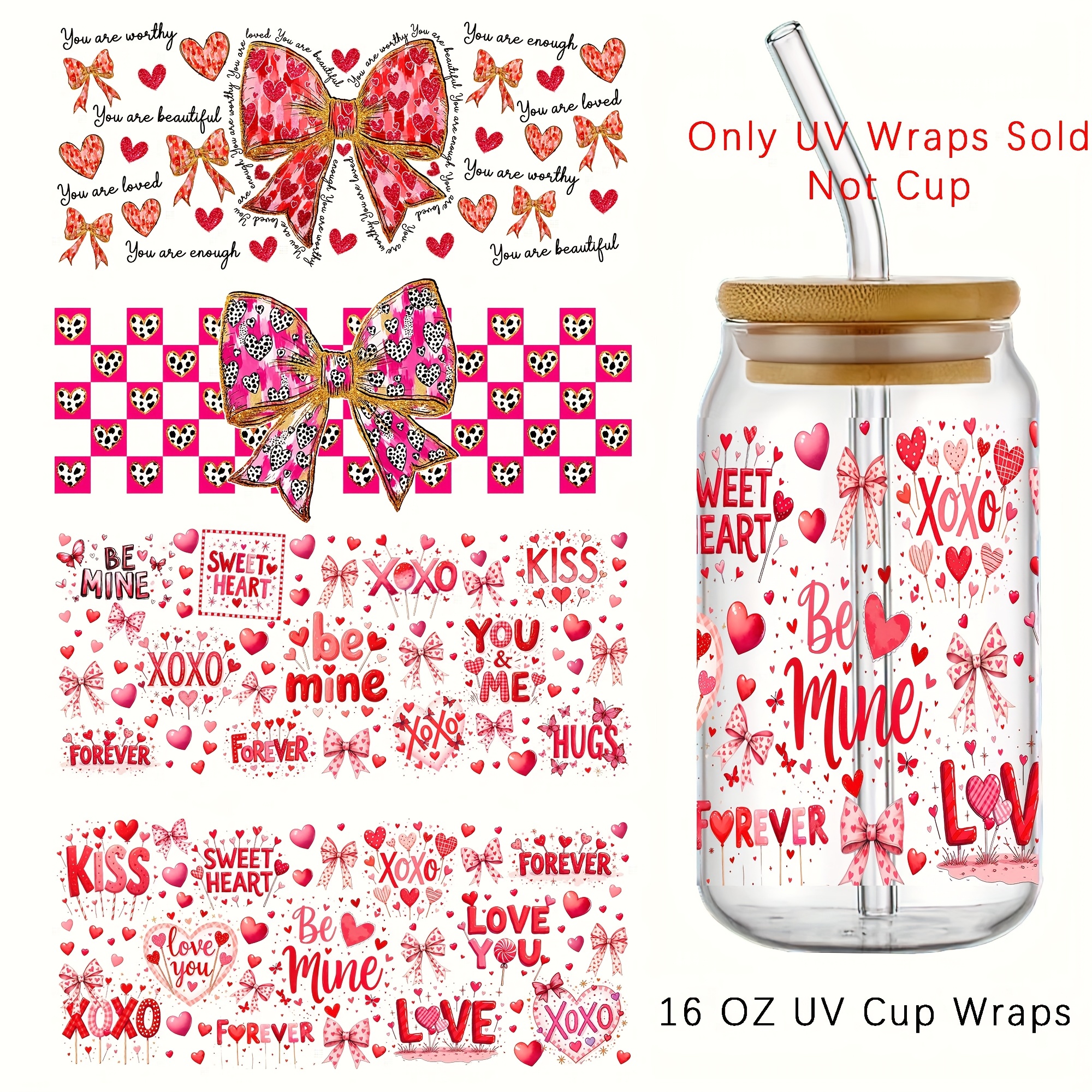 

Valentine's Day Uv Dtf Transfer Paper 4pcs For Glass Cups - Romantic Phrases & Heart Designs, Waterproof, Easy To Apply - Ideal For Personalizing Tumblers And Crafts