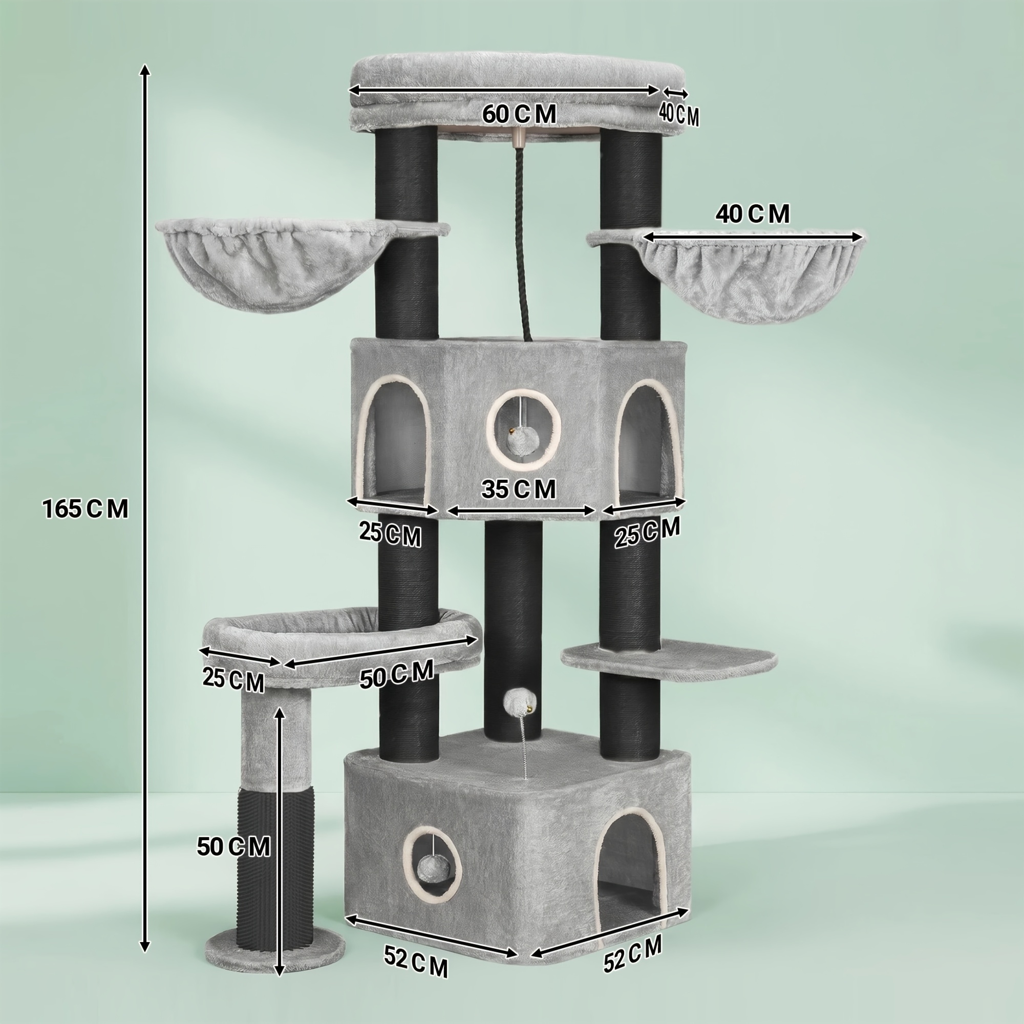 Large Cat Tree With 11cm Deep Sisal Scratching Posts, Beds, Spacious Platform, Plush Balls, Multi-level , And Light Black-grey Color